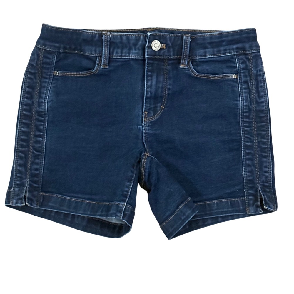 White House Black Market Dark Wash Denim Shorts Size 0 Side Stitch Detail Indigo